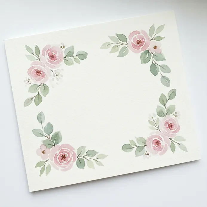 A white greeting card with a delicate watercolor flower border painted in soft pastel hues.