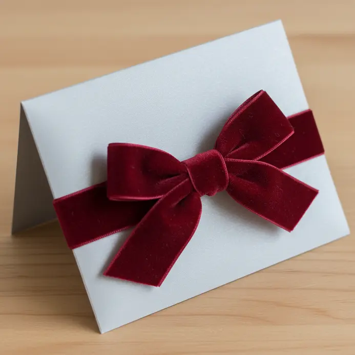 A plain folded card adorned with a single, plush velvet ribbon tied into a perfect bow at the center.