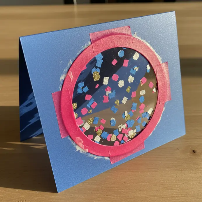 A colorful birthday card with a small circular window sealed with clear plastic, filled with tiny metallic confetti.