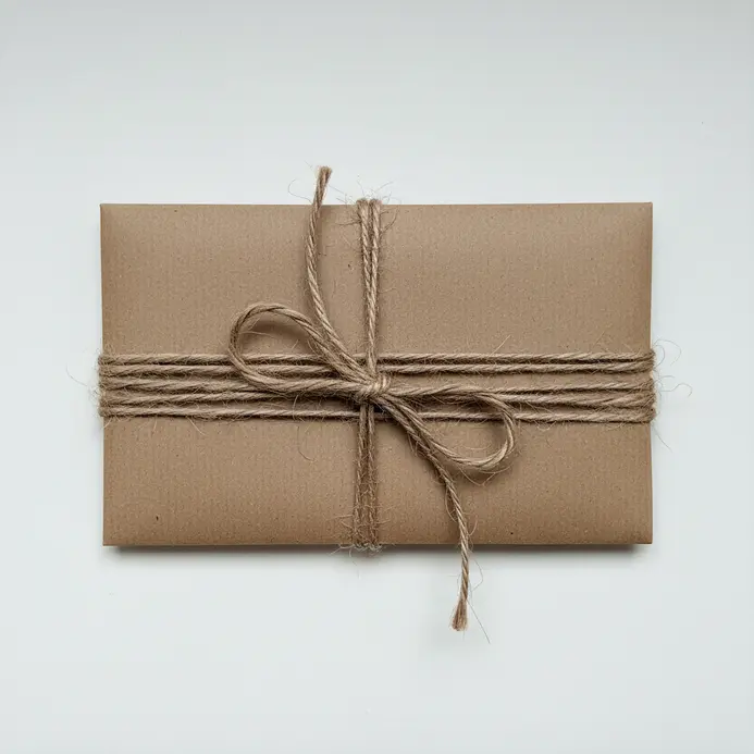 A simple card made from brown kraft paper, wrapped and tied with a length of natural jute twine.