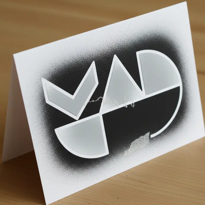 A white card showing a crisp, graphic shape created by spraying ink through a stencil, leaving a negative space outline.