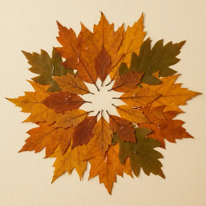 A warm-toned greeting card with an assortment of small, preserved dried leaves glued in an overlapping collage.