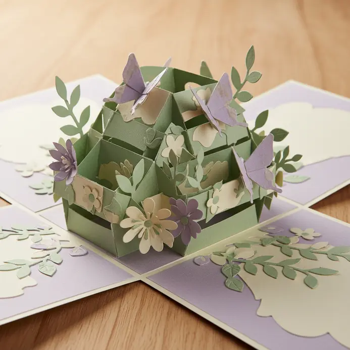 A card that, when opened, reveals a intricate three-dimensional pop-up scene of paper butterflies and flowers.