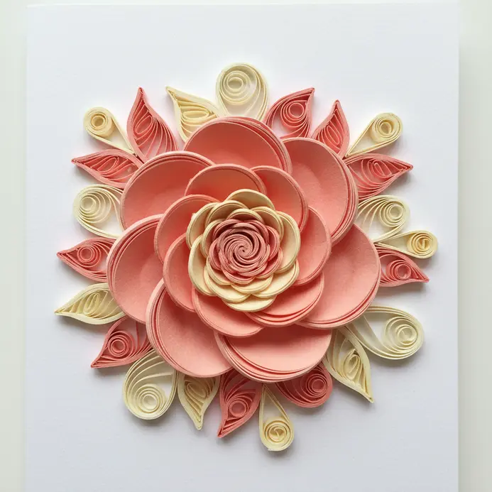 A greeting card featuring a detailed flower created from thin, coiled strips of colored paper, known as quilling.