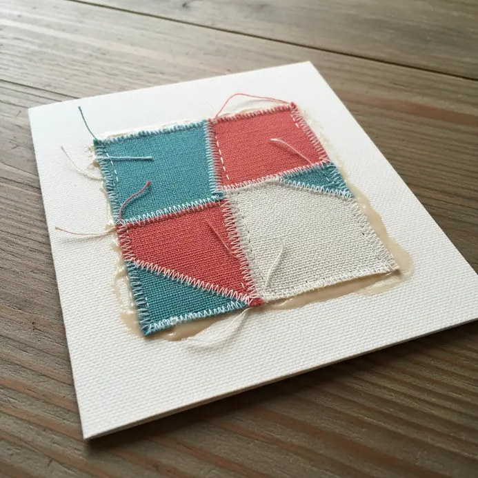 A card for a birthday celebration, featuring a small, neat square of colorful patchwork fabric appliqued to the front.