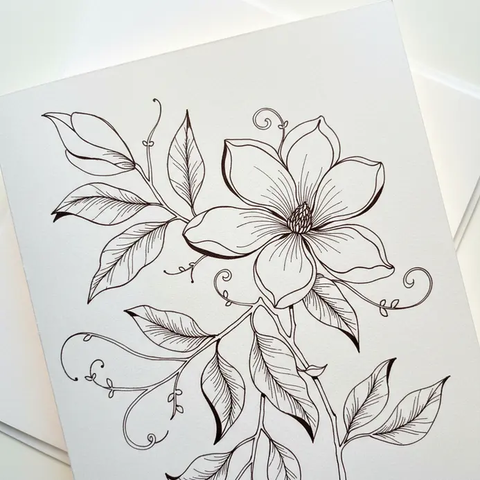 A simple white card with a detailed illustration of a plant or flower drawn entirely with clean, black ink lines.
