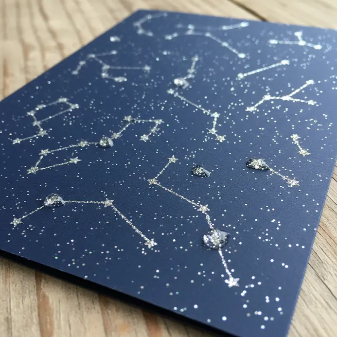 A dark blue card printed with a constellation map, where each star point is accented with a tiny dot of fine glitter.