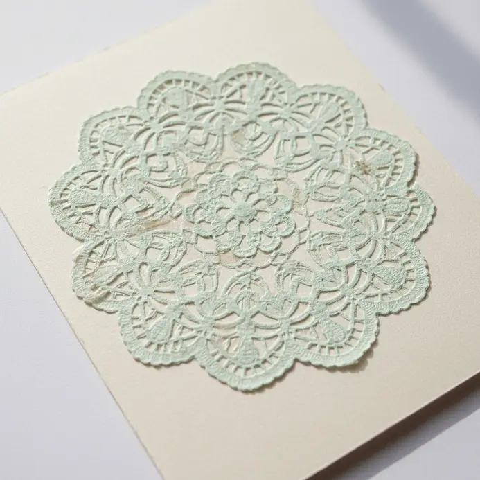 A soft-colored card with a intricate, vintage-style paper lace doily glued as a decorative overlay on the front.