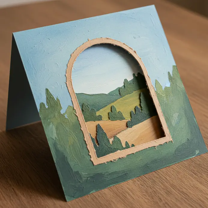 A folded card with a shaped window die-cut from the front, revealing a painted or paper landscape scene inside.