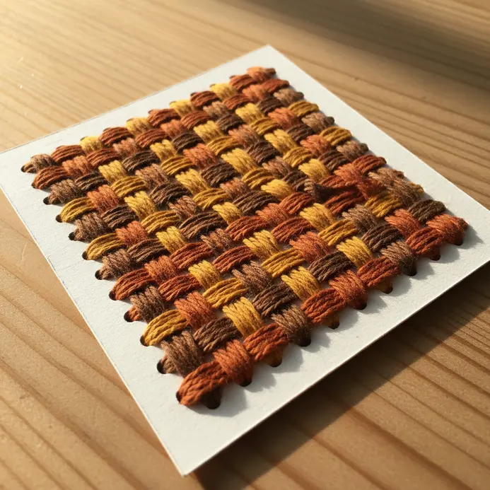 A card with a series of small slits, through which strands of colorful embroidery floss are woven to create a geometric pattern.