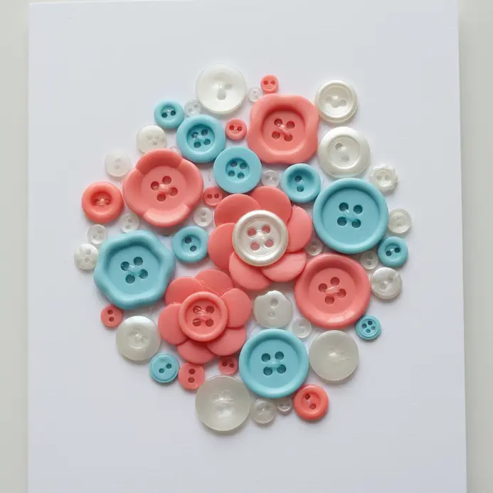 A cheerful card featuring a bouquet of flowers created by gluing an assortment of colorful buttons in floral shapes.