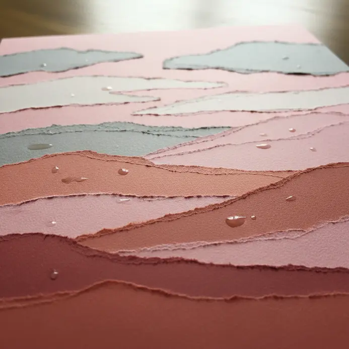 A greeting card showing a simple landscape, like hills and a sky, created from small, irregular pieces of torn colored paper.