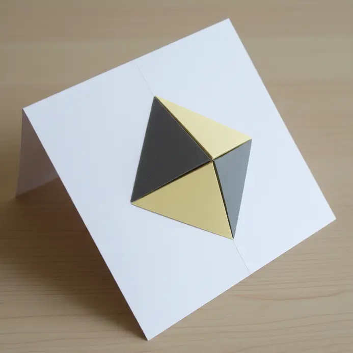 A folded greeting card featuring a small, three-dimensional origami pyramid made from patterned paper.