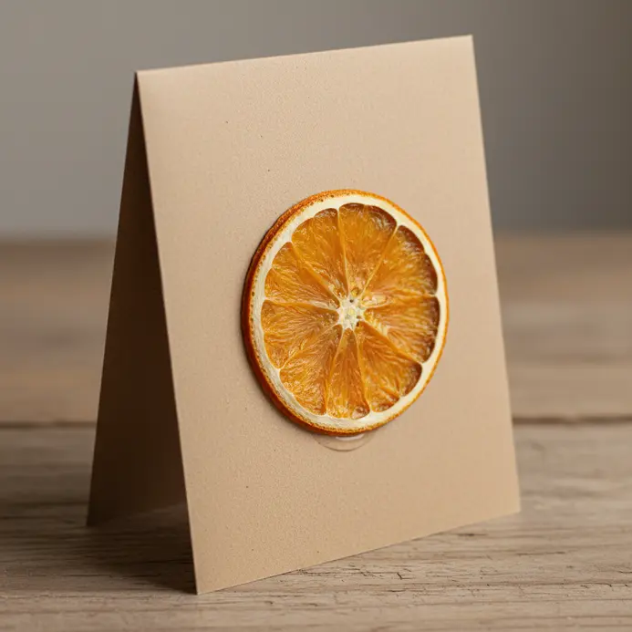 A holiday-themed card with a single, preserved dried slice of orange or lemon fixed to the front as a natural ornament.