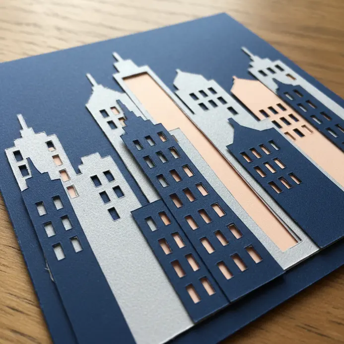 A greeting card featuring a detailed city skyline created from multiple layers of precision-cut paper.
