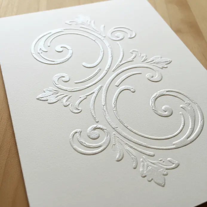 A crisp white wedding card with an elegant, raised embossed texture forming a swirling decorative flourish.