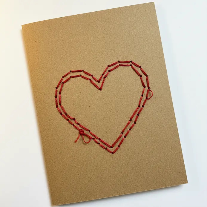 A neutral-toned card with a small, neat heart outline stitched directly onto the paper with red embroidery floss.
