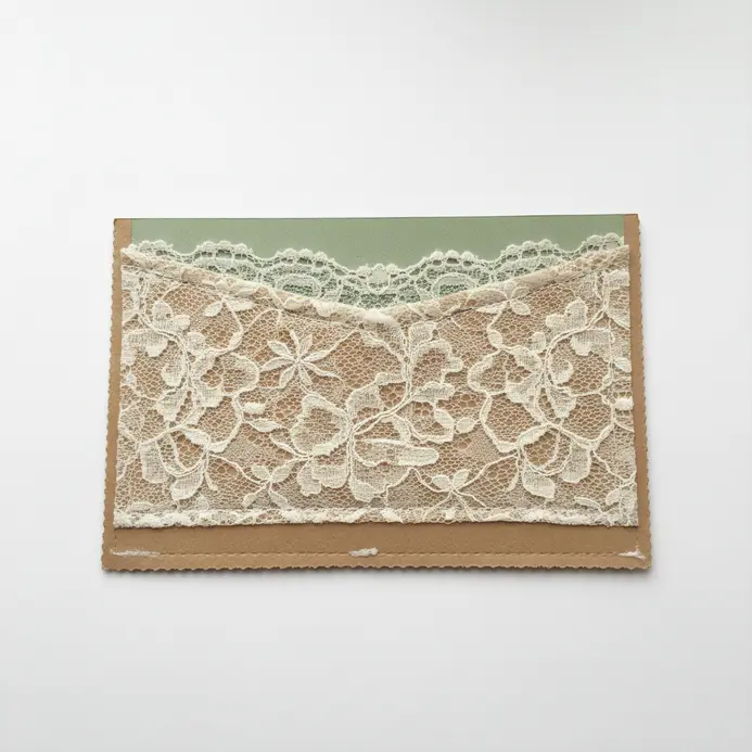 A distressed paper scrapbook layout featuring a small envelope with lace trim, holding a folded note.