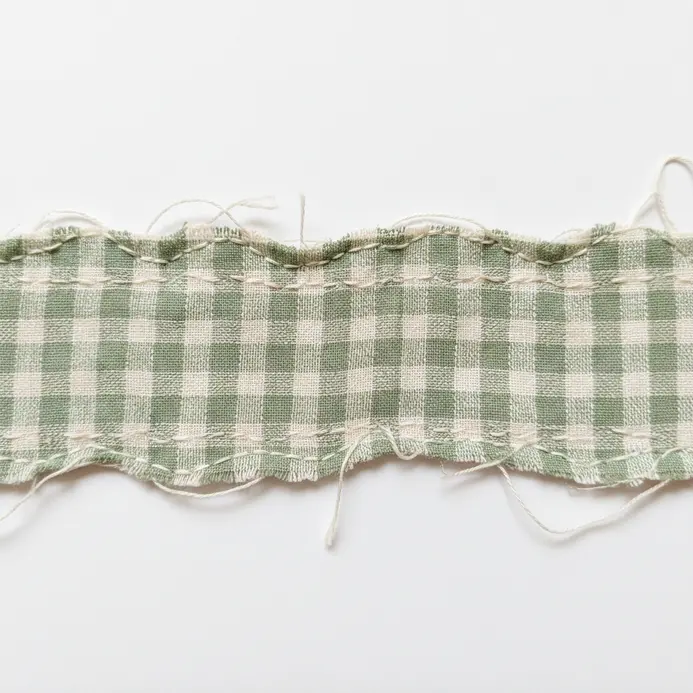 A scrapbook page with a vertical strip of gingham fabric stitched along its left-hand border.