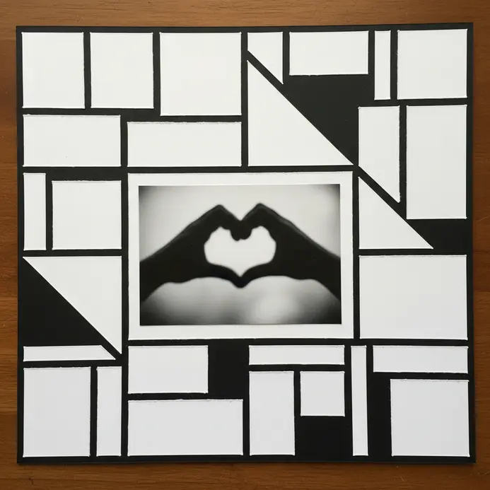 A scrapbook page using only black, white, and gray, with a high-contrast photo and geometric paper shapes.