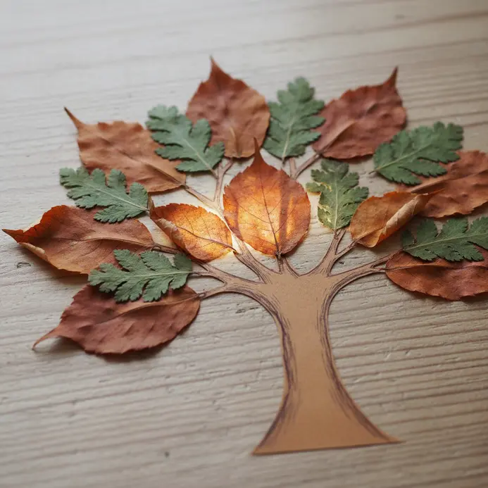 A simple hand-drawn tree trunk on paper, with small pressed autumn leaves forming the canopy.