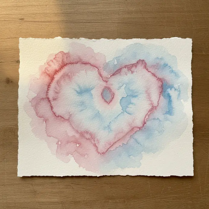 A scrapbook page with a soft blue and pink watercolor wash background, a matted photo, and handwritten text.