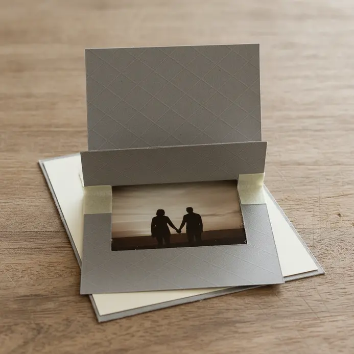 A square of patterned paper attached as a flap on a page, lifting up to show a second photograph underneath.