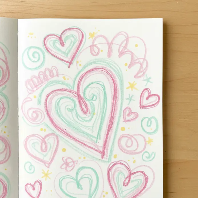 Handwritten journaling on a page in light pink, mint, and yellow markers, with a casual, scribbled style.