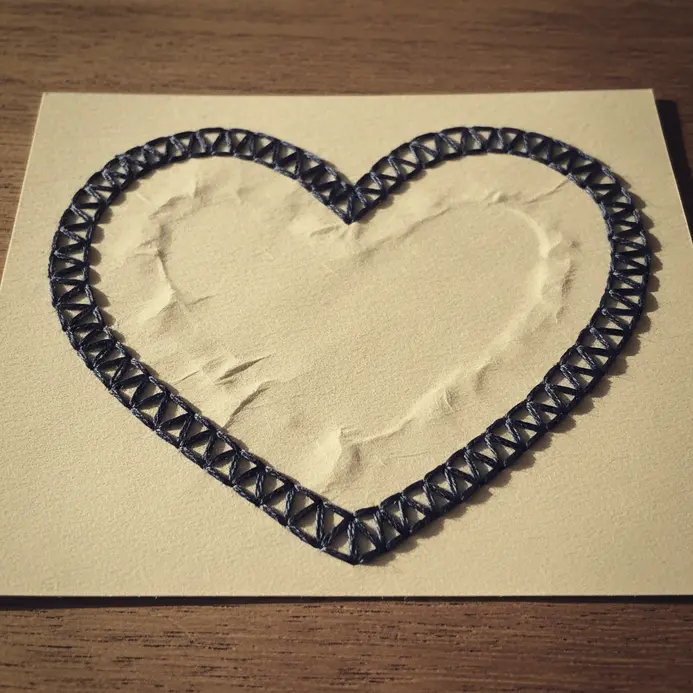 A close-up of a scrapbook page showing a photo mat with a border of navy blue thread stitched in a running stitch.