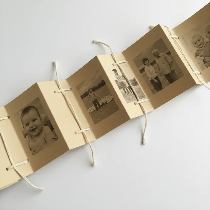 A small, folded paper strip pulled out from a page pocket, revealing four small photos in a row.