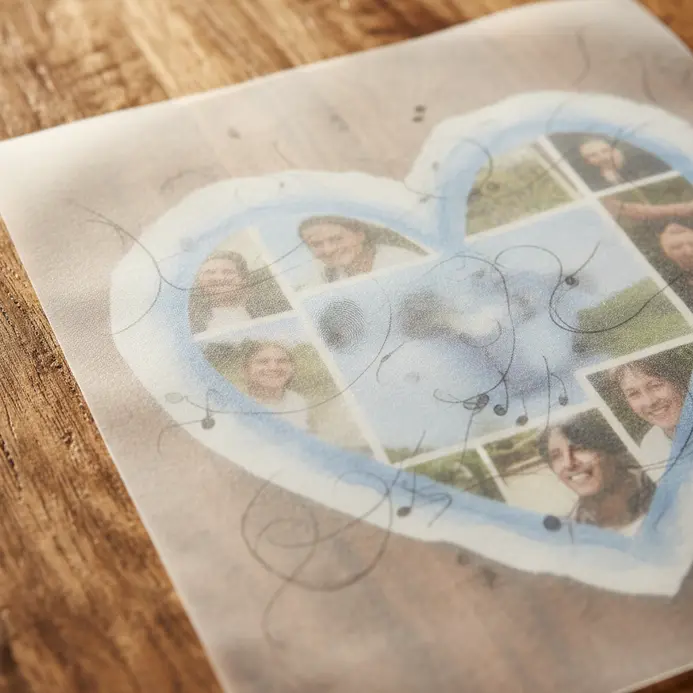 A scrapbook page where a sheet of translucent vellum is layered over a photo, with cursive lyrics written on it.