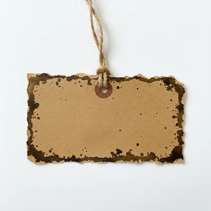 A manila tag with torn edges and brown ink distressing, tied with twine to a scrapbook page corner.