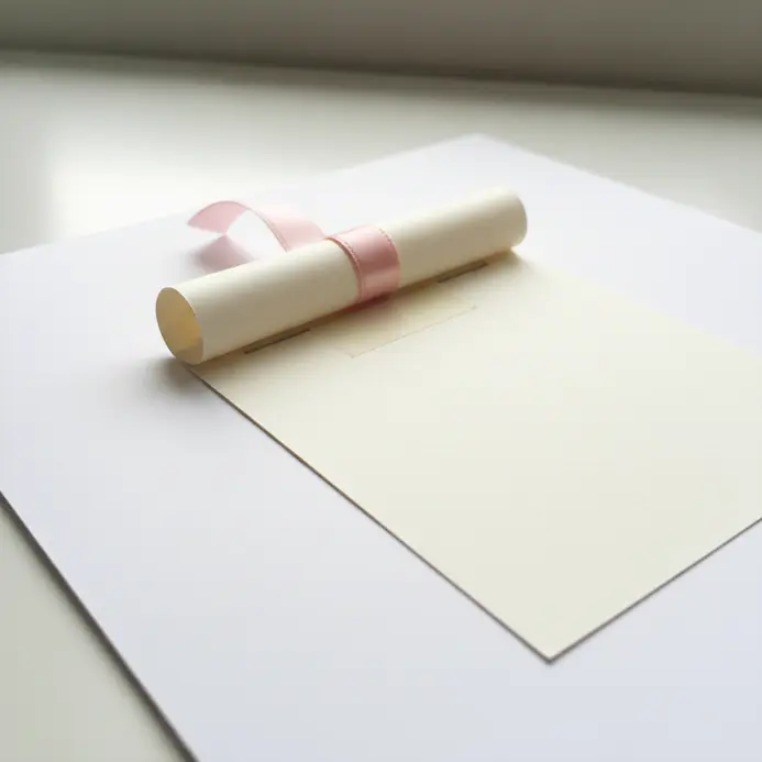 The edge of a scrapbook page with a small ribbon tab, pulling out a hidden journaling card from a pocket.