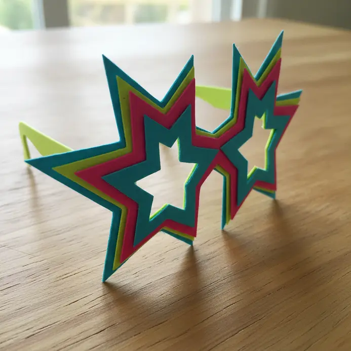 A pair of bright neon paper glasses with star-shaped frames and pointed accents.