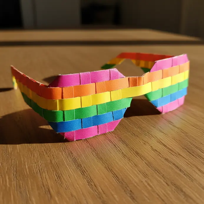 Paper glasses made from layered strips of red, orange, yellow, green, blue, and purple paper.