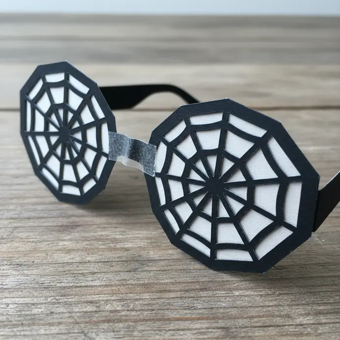 Black paper glasses with intricate, cut-out spider web patterns across the frames and arms.