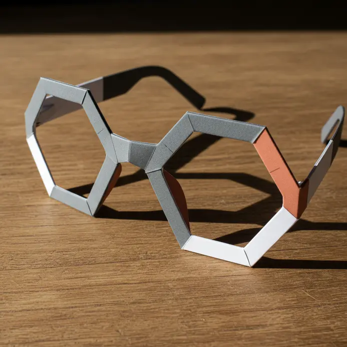 Paper glasses with frames shaped like precise, interconnected hexagons.