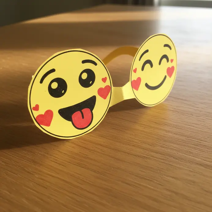 Yellow paper glasses with the laughing crying emoji and heart eyes emoji as the frames.