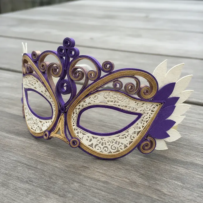 Elaborate paper glasses with curled accents, feathers, and a decorative half-mask design.