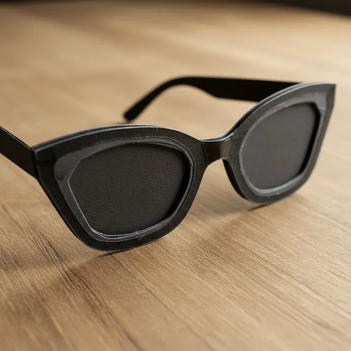 Classic black paper glasses cut in a sharp, upturned cat-eye shape.