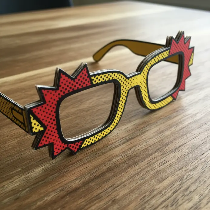 Black and white paper glasses with bold outlines, Ben-Day dots, and a POW graphic.
