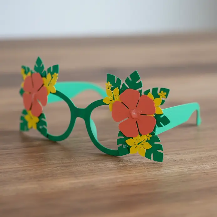 Paper glasses with green stems and brightly colored hibiscus flowers attached along the rims.