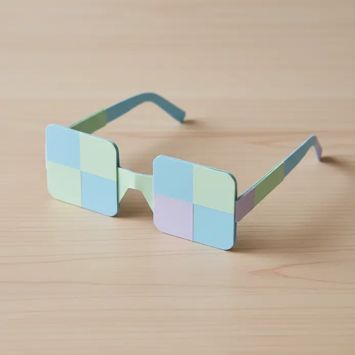 A pair of light blue paper glasses with clean, square frames and thin arms.