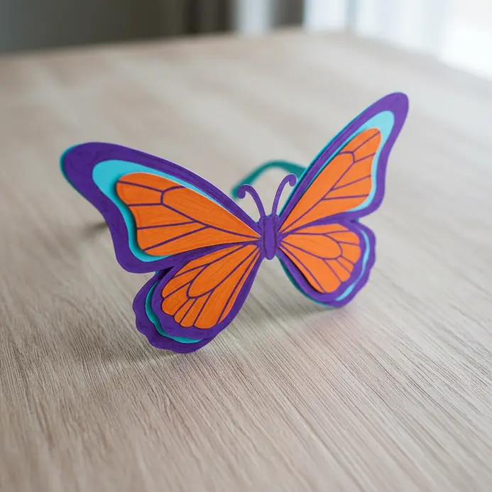 Paper glasses with large, colorful butterfly wings fanning out from the sides of the frames.