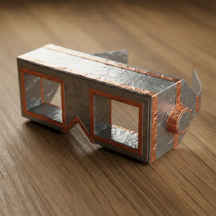 Silver foil-covered paper goggles with round lenses and boxy, robotic frame details.
