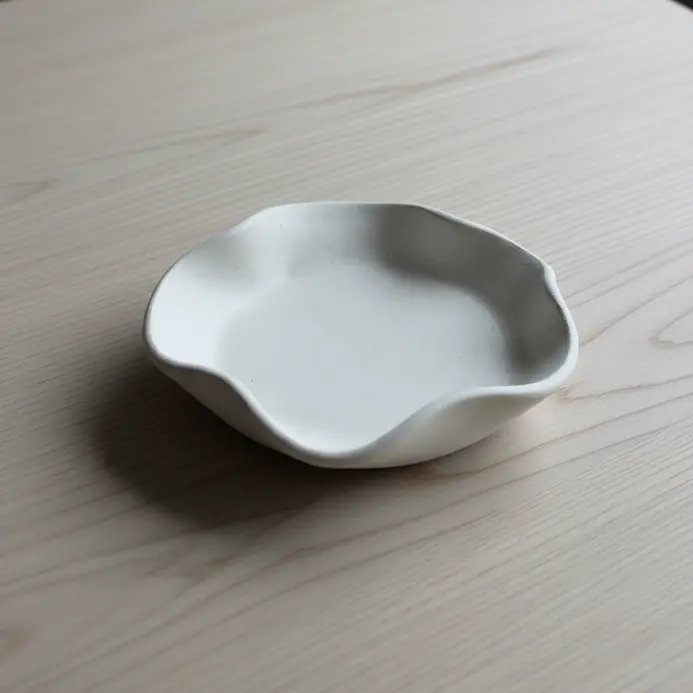 A shallow, white clay dish with a clean, minimalist form for holding rings.
