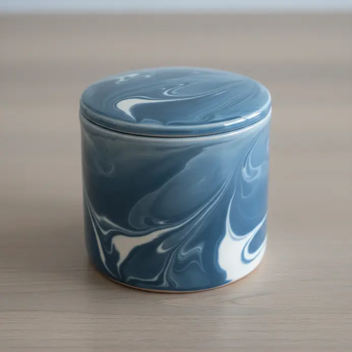 A small, lidded clay jar featuring a swirling marble effect created with glaze.