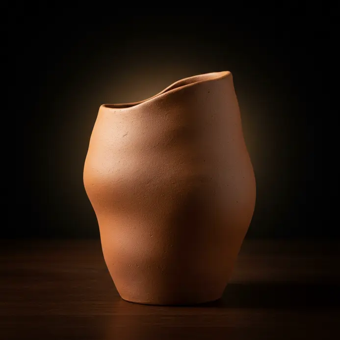 A uniquely shaped clay vase with an intentionally off-center, abstract form.