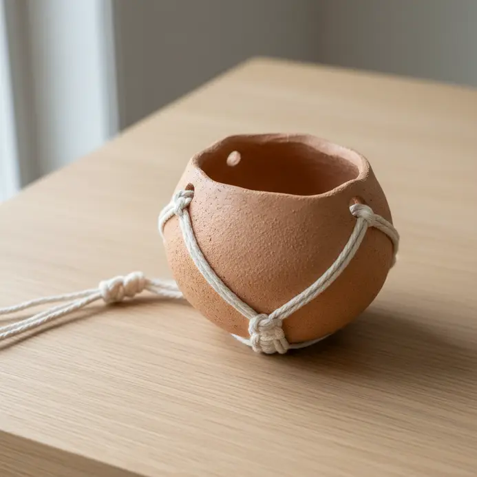 A lightweight pinch pot planter with holes for attaching macrame cord for hanging.
