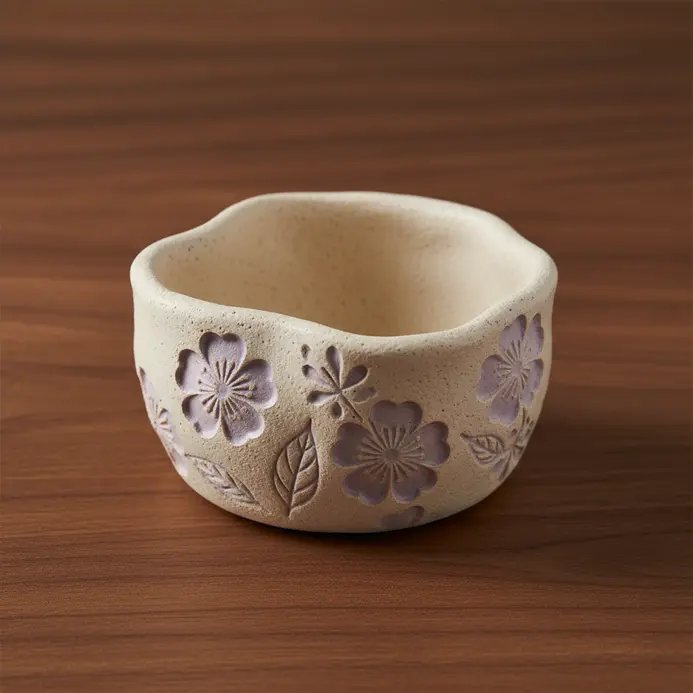 A tiny pinch pot dish with raised floral patterns, perfect for holding tea bags.